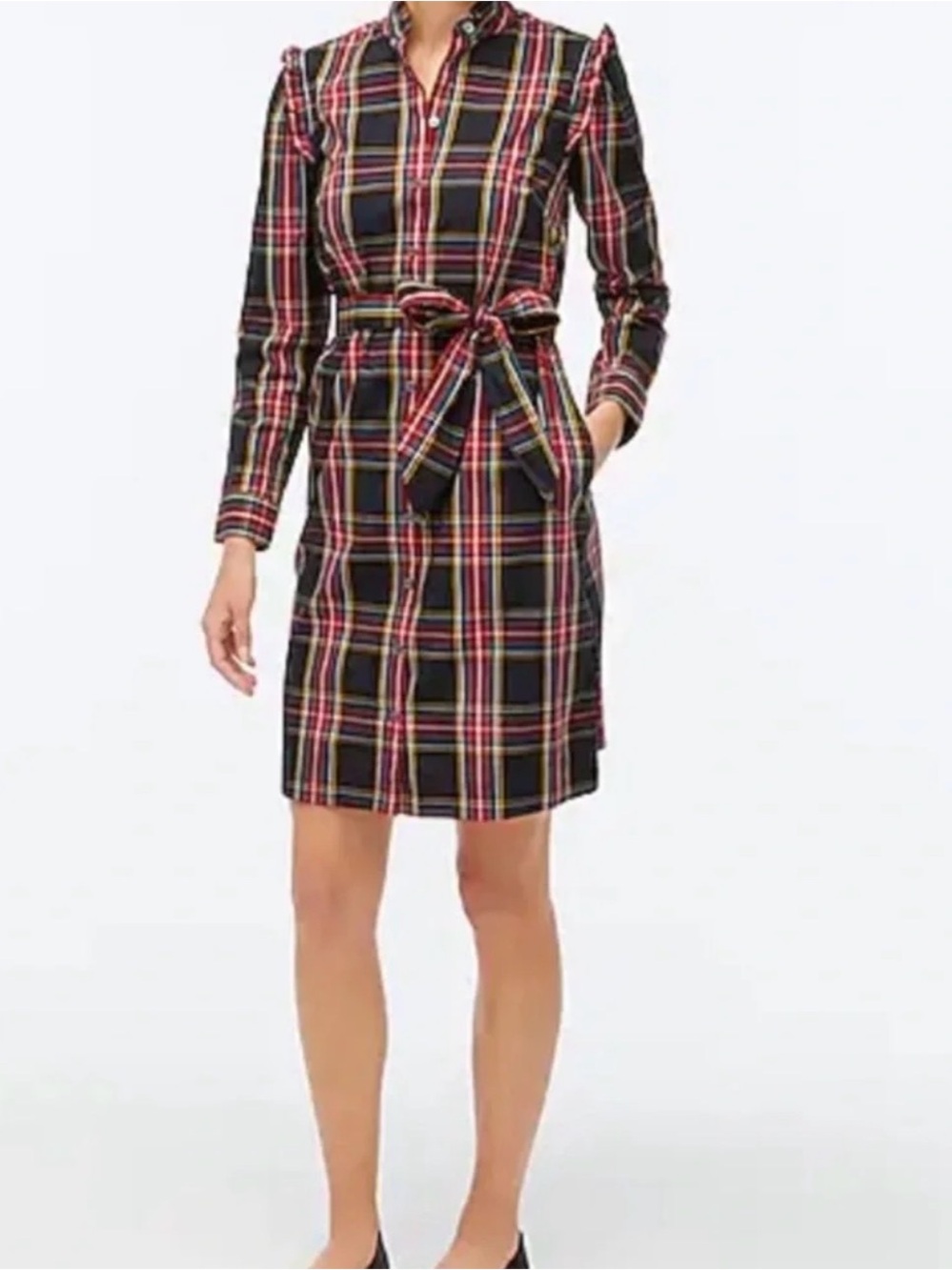 NWT J. Crew Black Plaid Button-Front Shirt Dress with Tie Waist